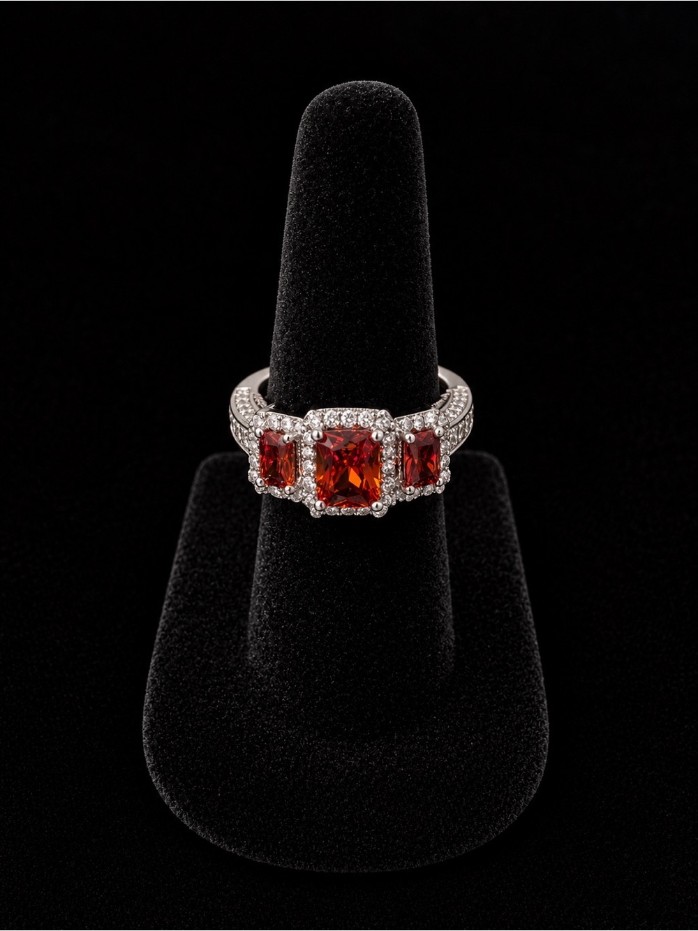 Silver Three Stone Ring in Red Orange and Tiny Clear Stones Size 5